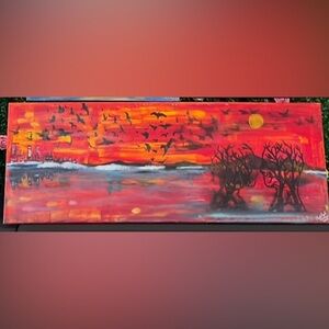 Vibrant Sunset Canvas Art with Birds